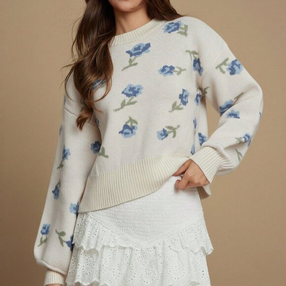 Apricot Chic Women's Floral Jacquard Crew Neck Loose Knit Sweater - Picture 5 of 6